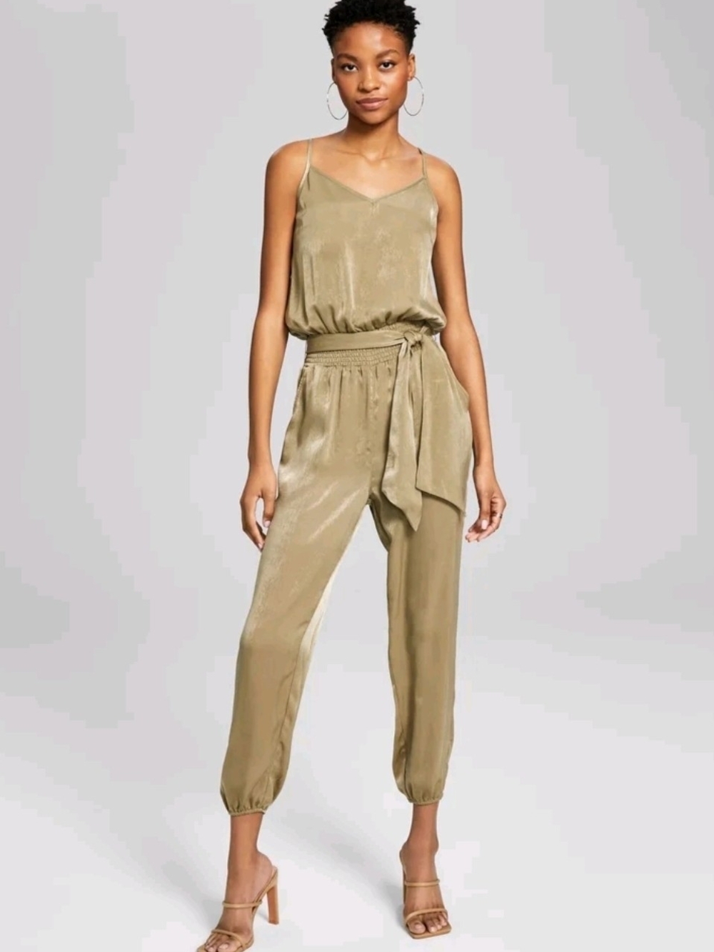 NWOT And Now This Olive Satin Smocked Jogger Jumpsuit L (Fits M)